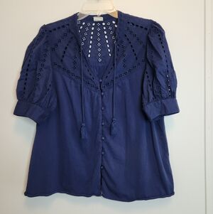 Matilda Jane Good Hart Navy Eyelet Tassel Button-Front Top Size Large